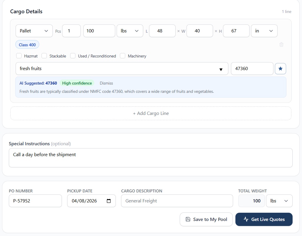 biziShip.ai — Cargo Details with AI classification